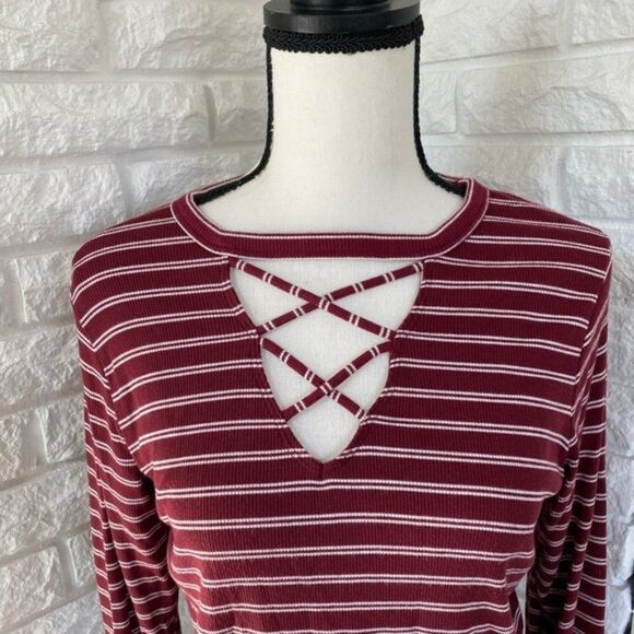 Red and White Striped Long Sleeve Top w/ Crisscross Detailing - Picture 2 of 4